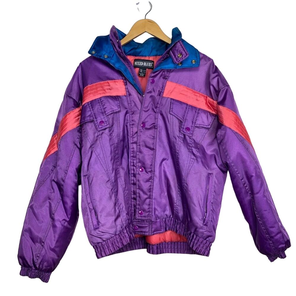 Vintage Mixed Blues Colorblack Snow Ski Jacket 80s 90s Purple Pink Blue Large